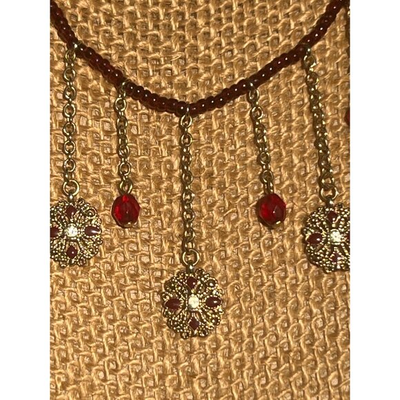 Gold Tone Necklace Red Seed Beads Dangling Floral Charms Choker Collar Boho 15" - Picture 2 of 4